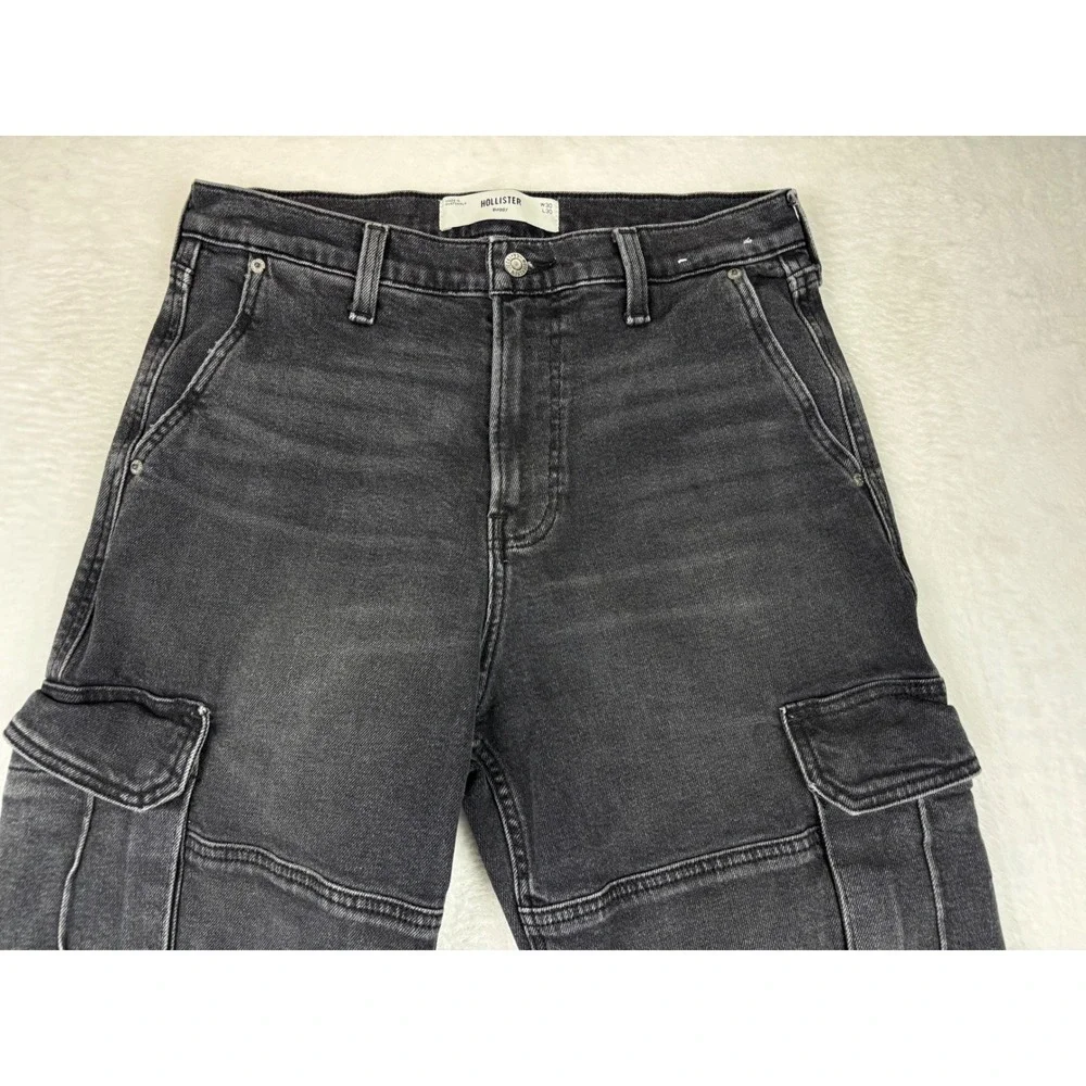 Hollister Baggy Cargo Mens 30x30 Jeans Fuzzy Black Faded Denim Utility Pants